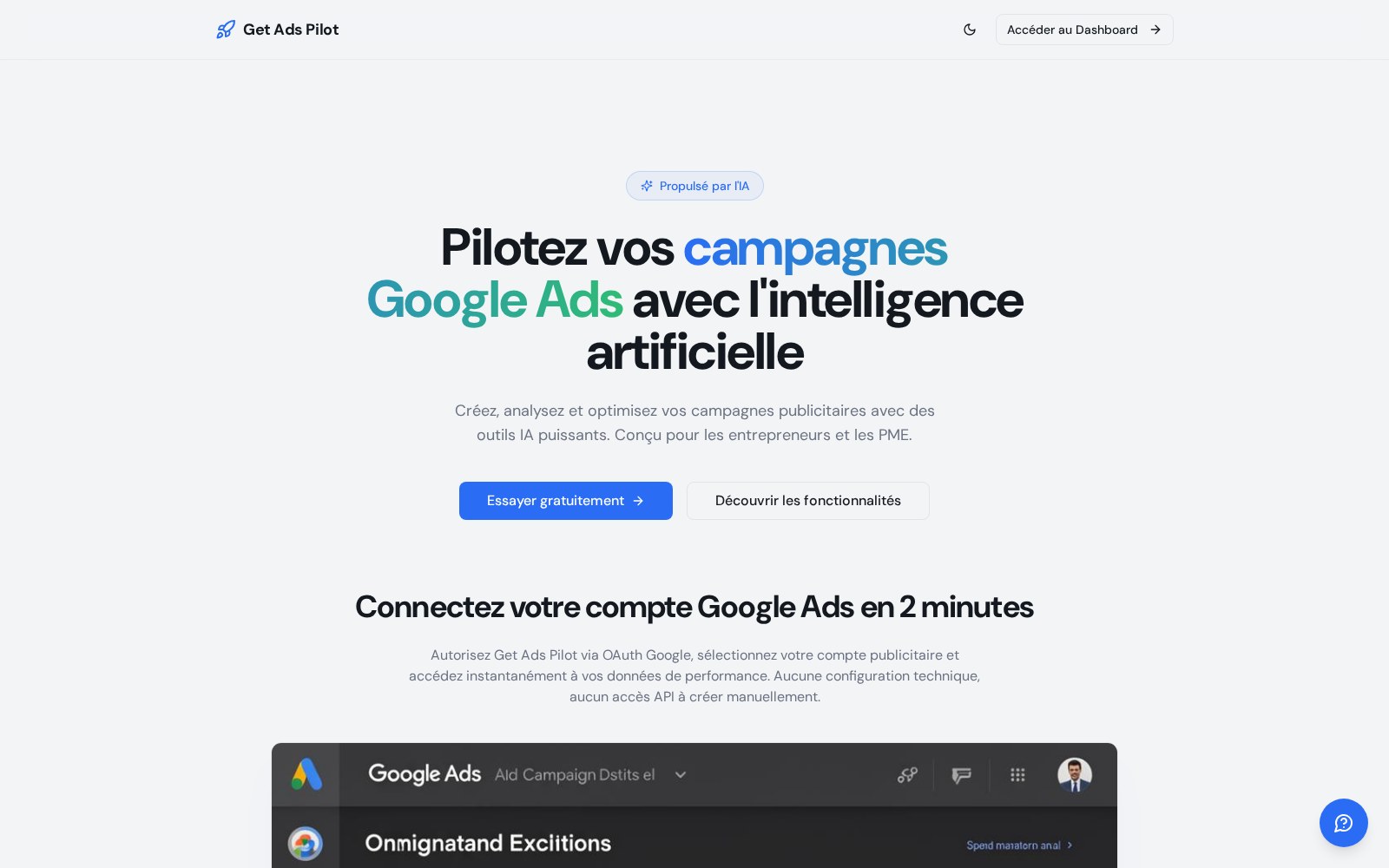 Page d'accueil Get Ads Pilot — « Pilotez vos campagnes Google Ads avec l'intelligence artificielle »