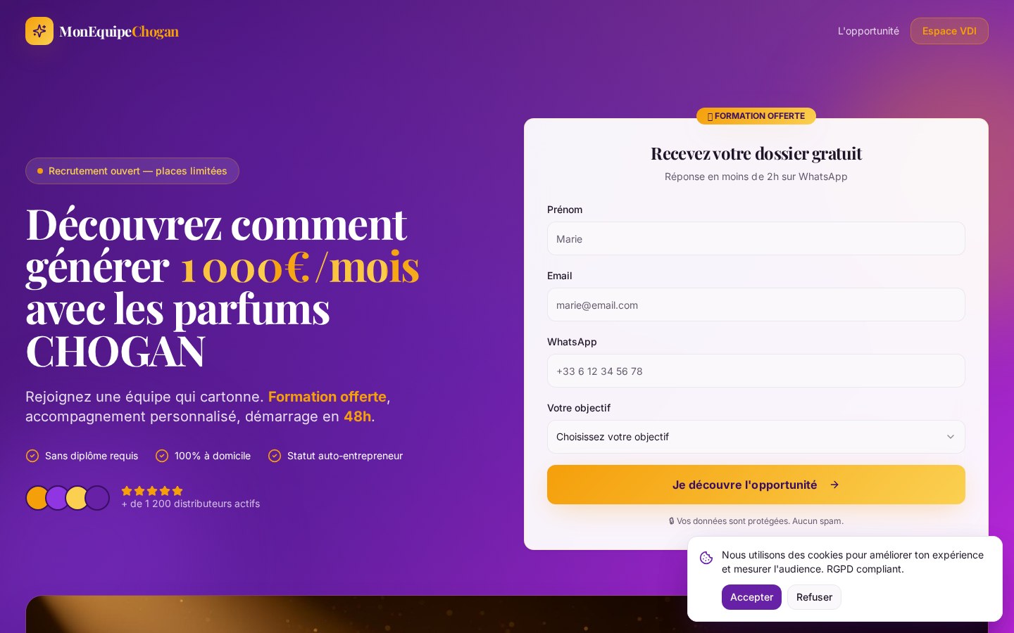 Page d'accueil MonEquipeChogan — « Découvrez comment générer 1 000 €/mois avec les parfums CHOGAN »