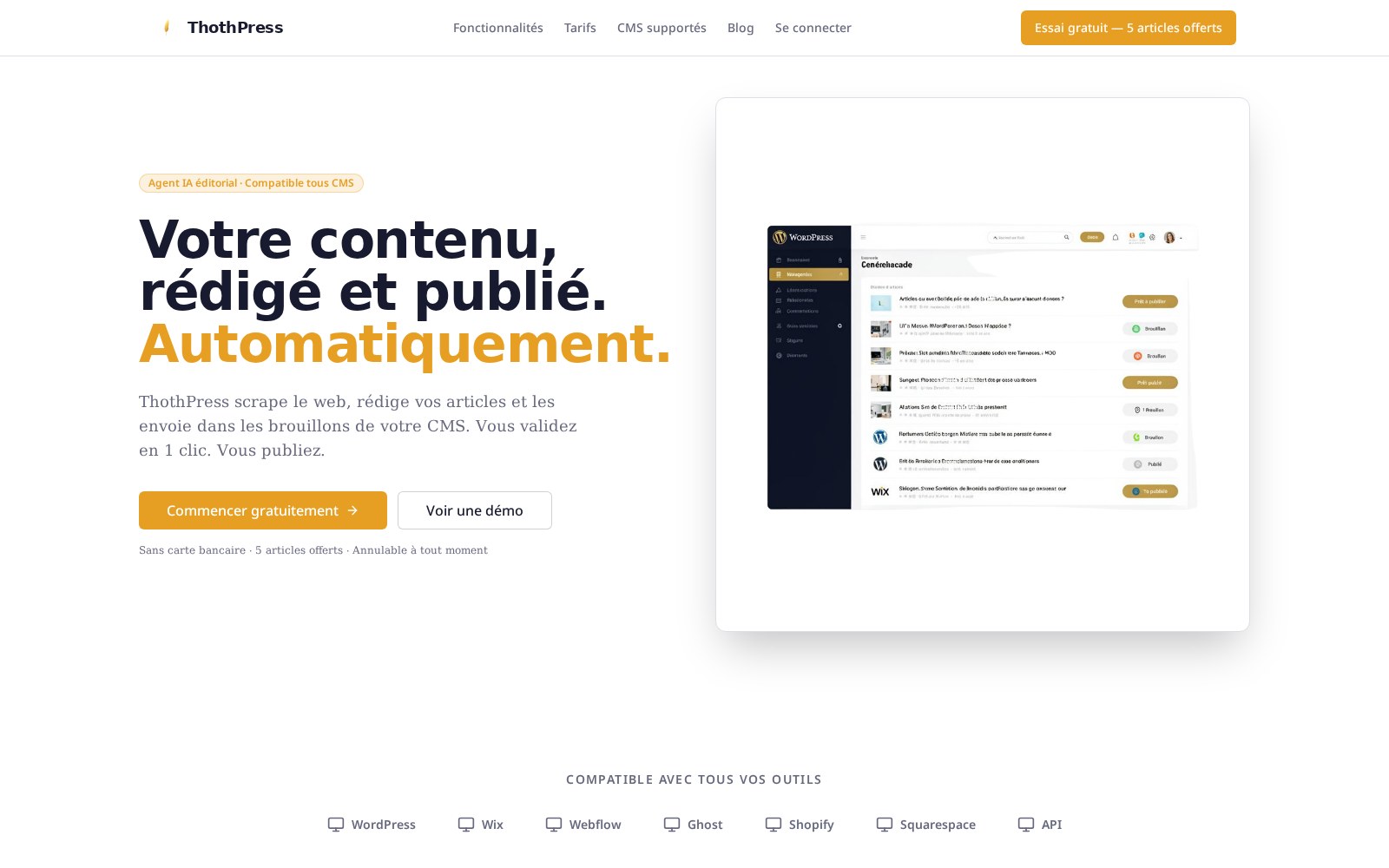 Page d'accueil ThothPress — « Votre contenu, rédigé et publié. Automatiquement. »