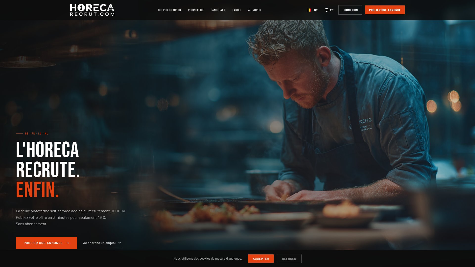 Page d'accueil HorecaRecrut — « L'HORECA recrute. Enfin. »