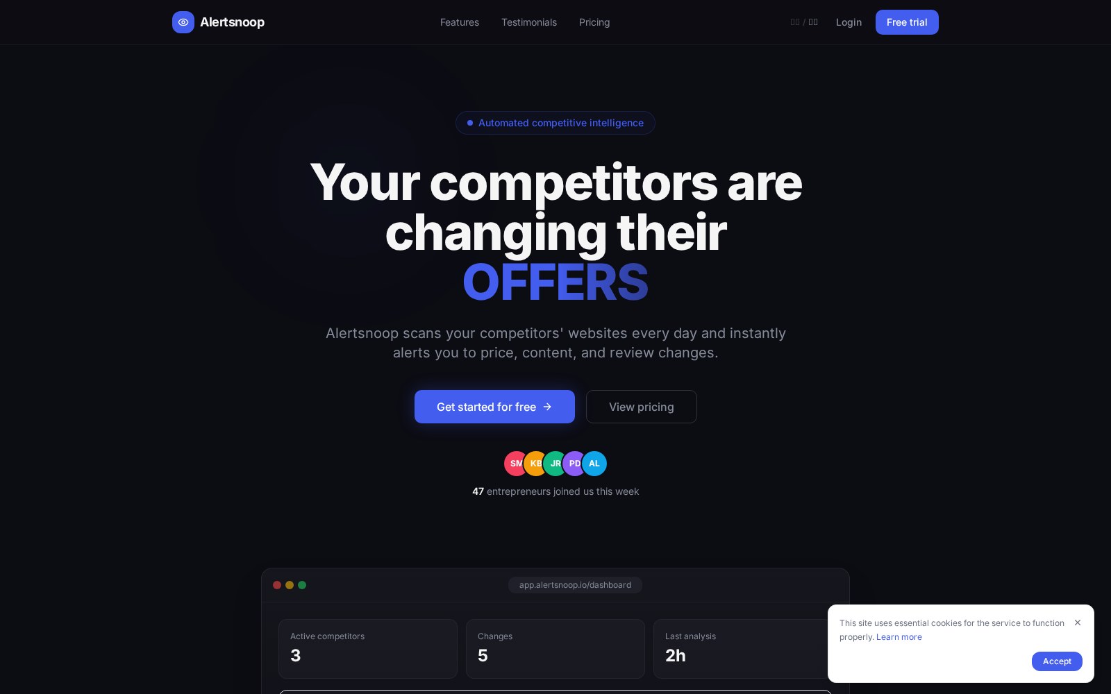 Page d'accueil Alertsnoop — « Your competitors are changing their OFFERS »
